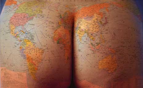 Map of Earth on womans ass.