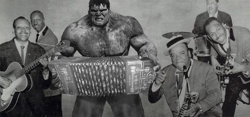 The hulk plays accordion.
